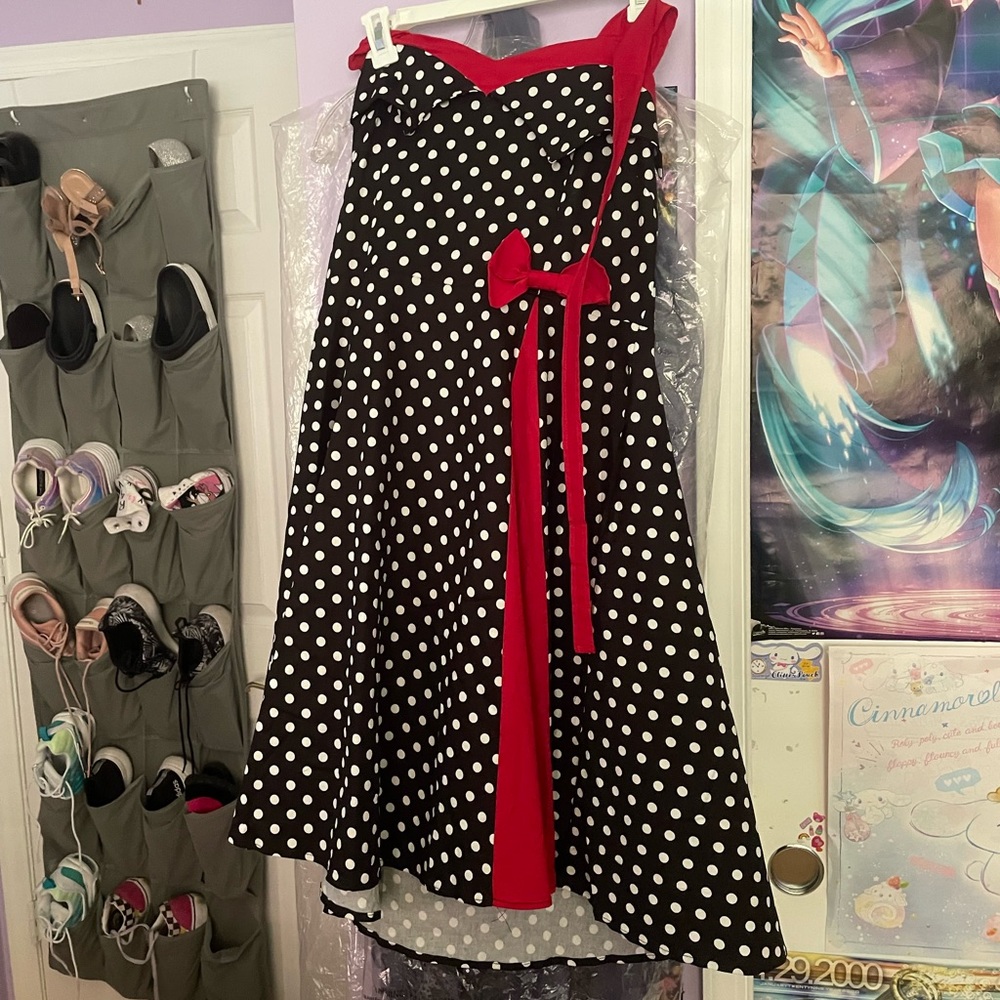 50s style black white polka dot red dress